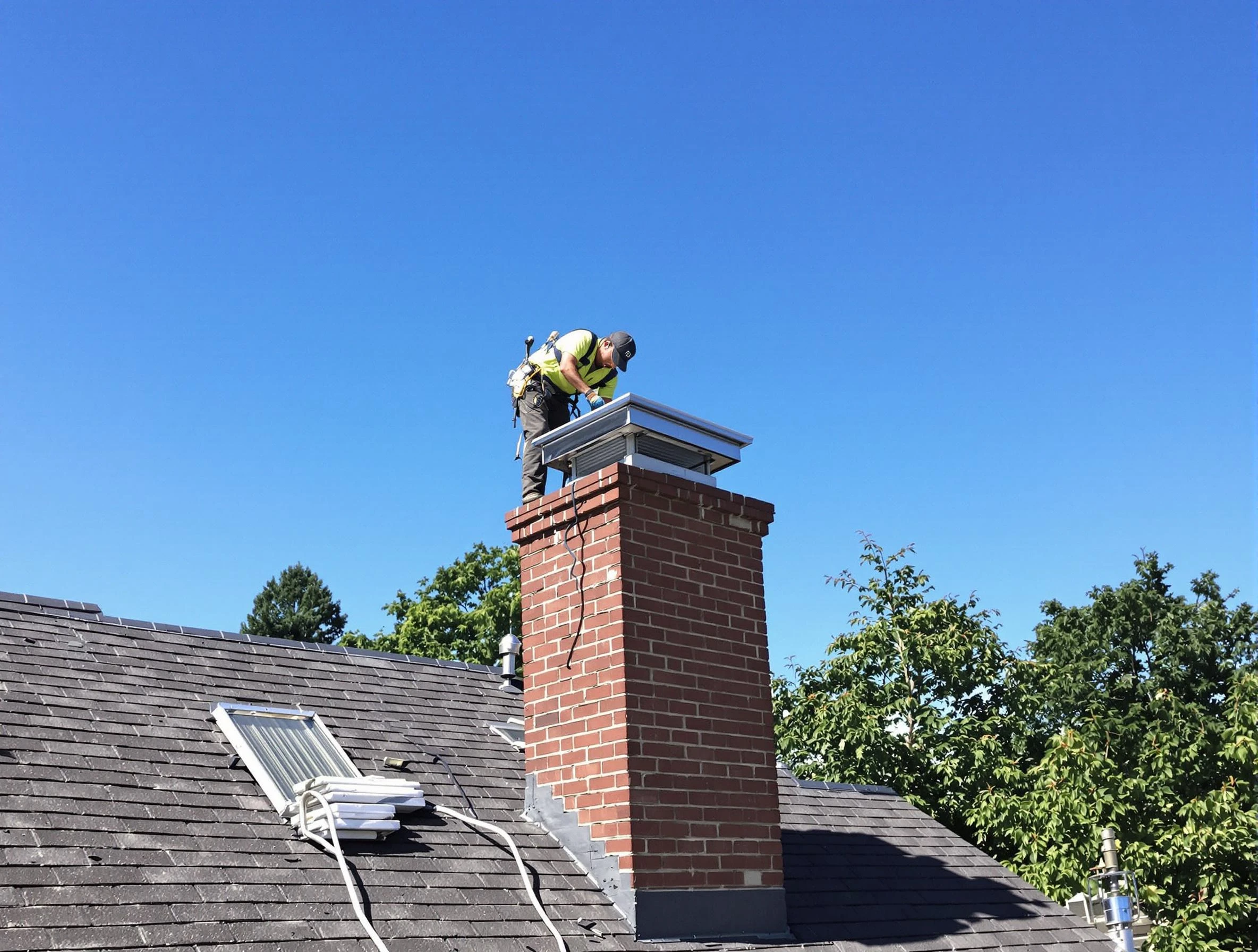 Parsippany-Troy Hills Chimney Sweep technician measuring a chimney cap in Parsippany-Troy Hills, NJ